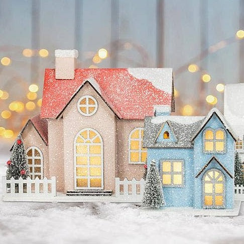 MEDIUM SNOWY PINK GLITTER HOUSE Abbott Christmas Trees & Houses Bonjour Fete - Party Supplies