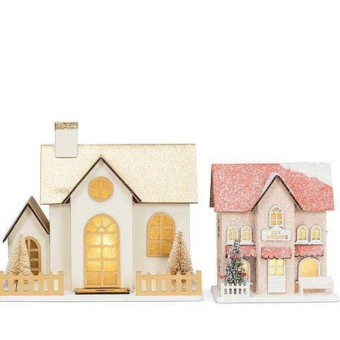 SMALL SNOWY PINK GLITTER HOUSE Abbott Christmas Trees & Houses Bonjour Fete - Party Supplies