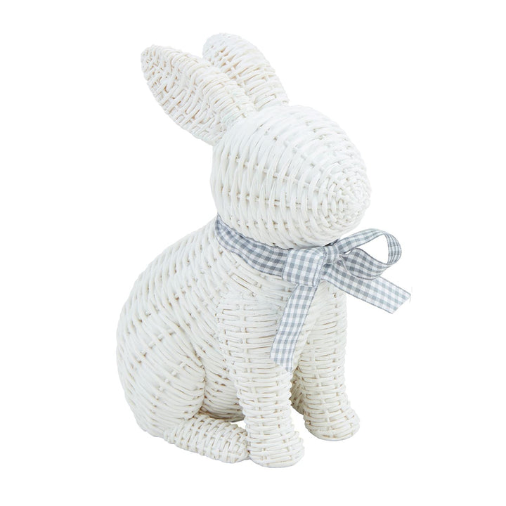 WHITE WICKER BUNNY WITH BLUE BOW Mud Pie Easter Home WHITE WICKER BUNNY WITH BLUE BOW Bonjour Fete - Party Supplies