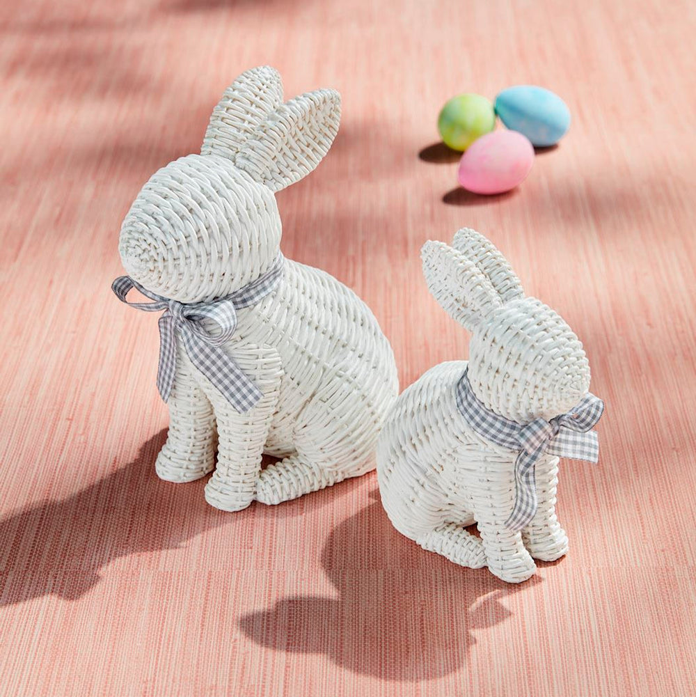 WHITE WICKER BUNNY WITH BLUE BOW Mud Pie Easter Home WHITE WICKER BUNNY WITH BLUE BOW Bonjour Fete - Party Supplies