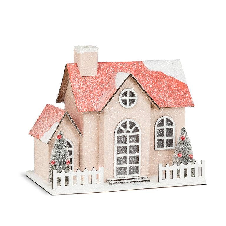 MEDIUM SNOWY PINK GLITTER HOUSE Abbott Christmas Trees & Houses Bonjour Fete - Party Supplies