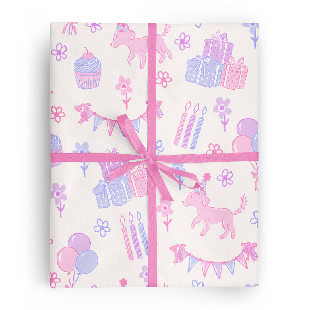 Pink Puppy Birthday Floral Wrapping Paper Roll  Vivie and Ash Bonjour Fete - Party Supplies