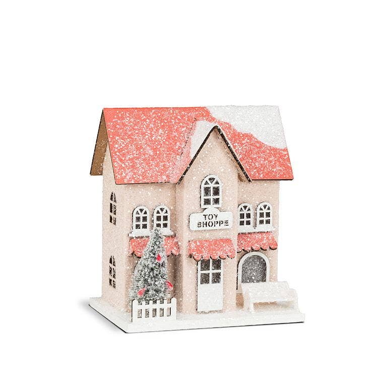 SMALL SNOWY PINK GLITTER HOUSE Abbott Christmas Trees & Houses Bonjour Fete - Party Supplies