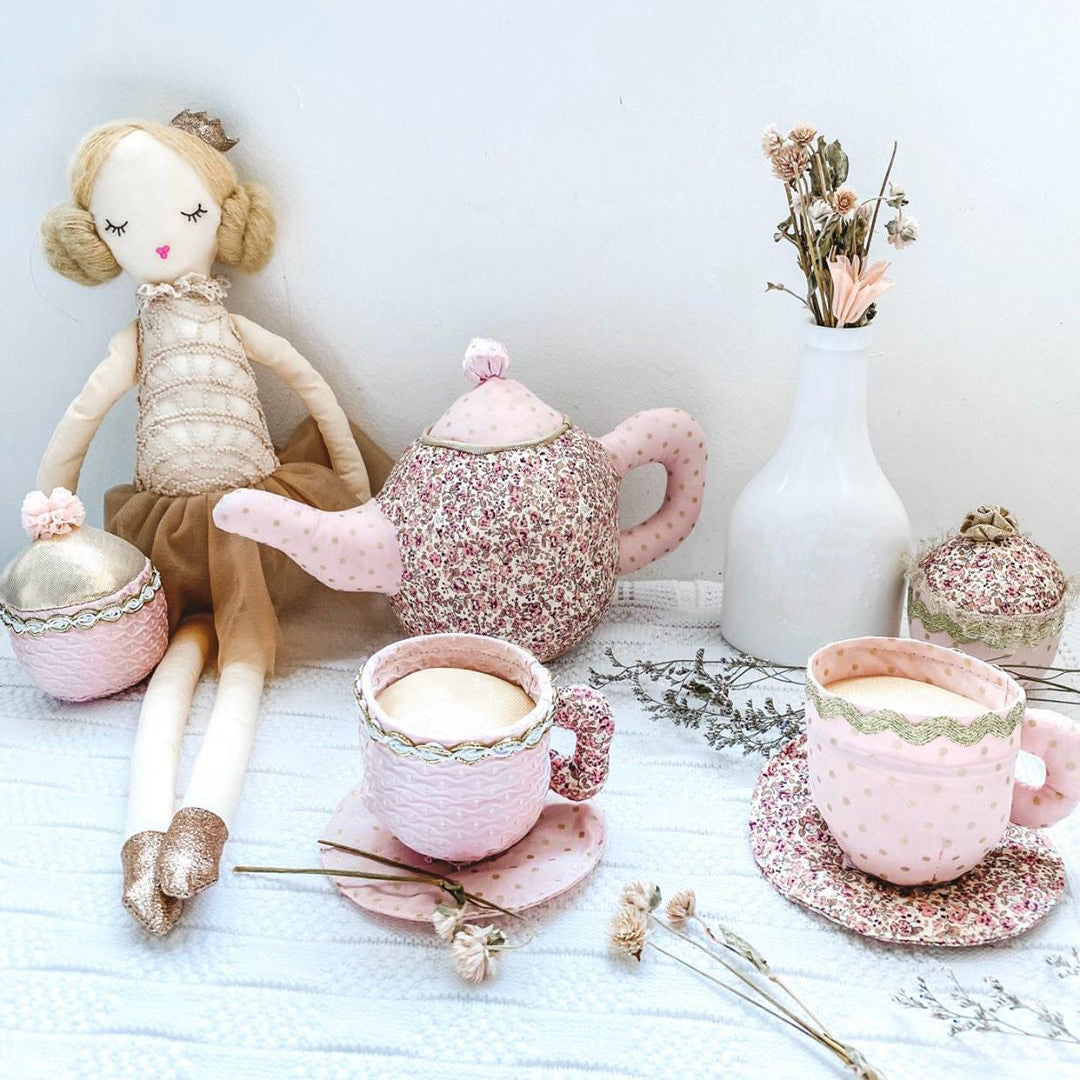 Floral Stuffed Toy Tea Set MON AMI Stuffed Toy Pink Floral Stuffed Toy Tea Set Bonjour Fete - Party Supplies