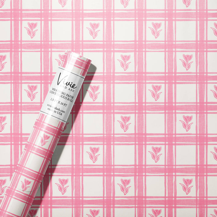 Pink Linen Gingham Tulips Wrapping Paper Roll  Vivie and Ash Pink Linen Gingham Tulips Wrapping Paper Roll  Bonjour Fete - Party Supplies