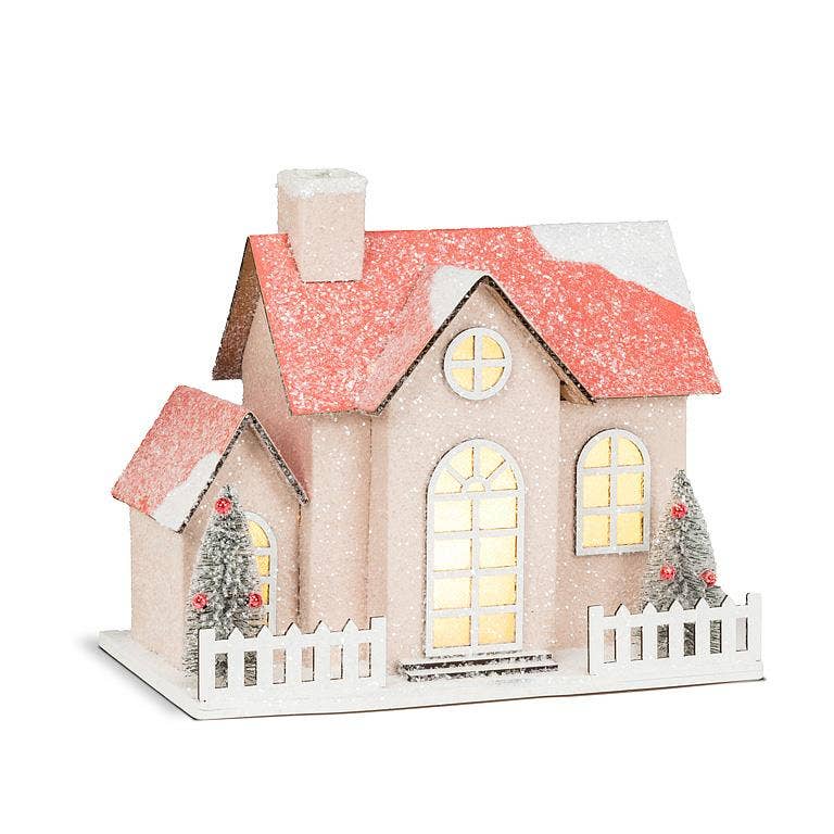 MEDIUM SNOWY PINK GLITTER HOUSE Abbott Christmas Trees & Houses Bonjour Fete - Party Supplies