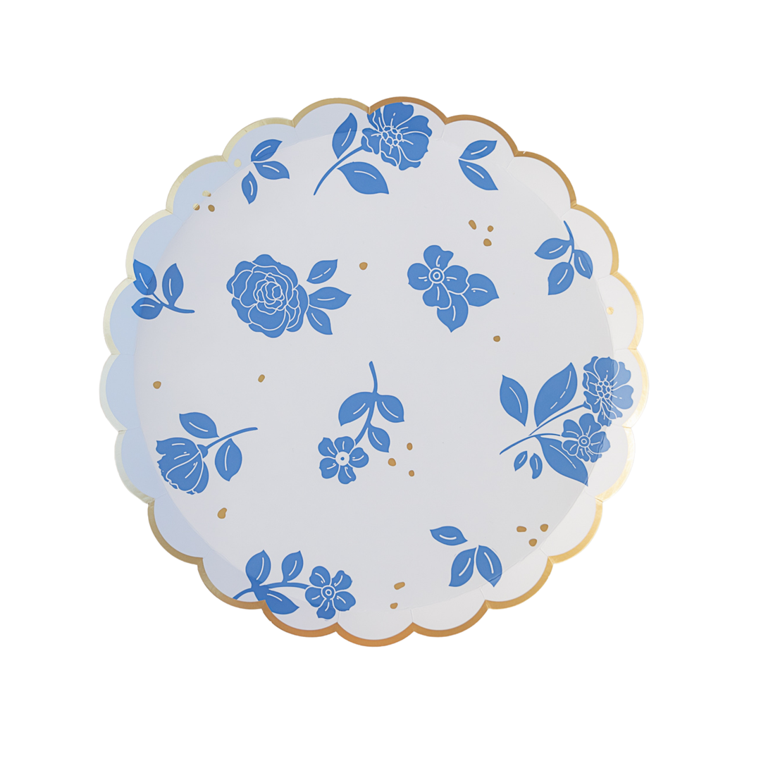 BELLE BLUE ELEGANT FLORAL DESSERT PLATES Bonjour Fete Plates BELLE BLUE ELEGANT FLORAL DESSERT PLATES Bonjour Fete - Party Supplies