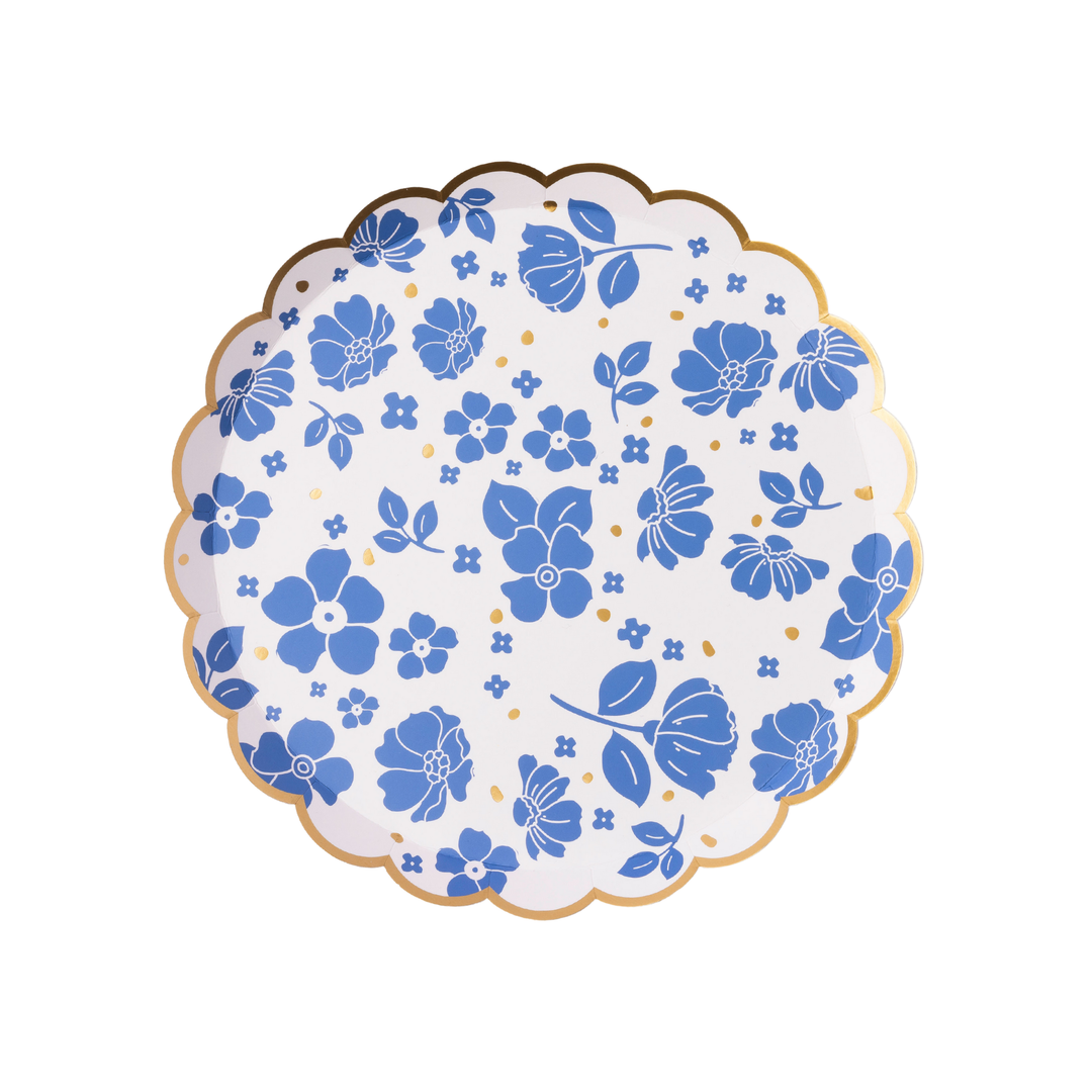 BELLE BLUE ELEGANT FLORAL DESSERT PLATES Bonjour Fete Plates BELLE BLUE ELEGANT FLORAL DESSERT PLATES Bonjour Fete - Party Supplies