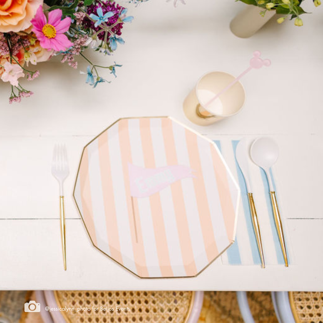 SWEET PEACH SIGNATURE CABANA STRIPE PLATES Bonjour Fete Plates Bonjour Fete - Party Supplies