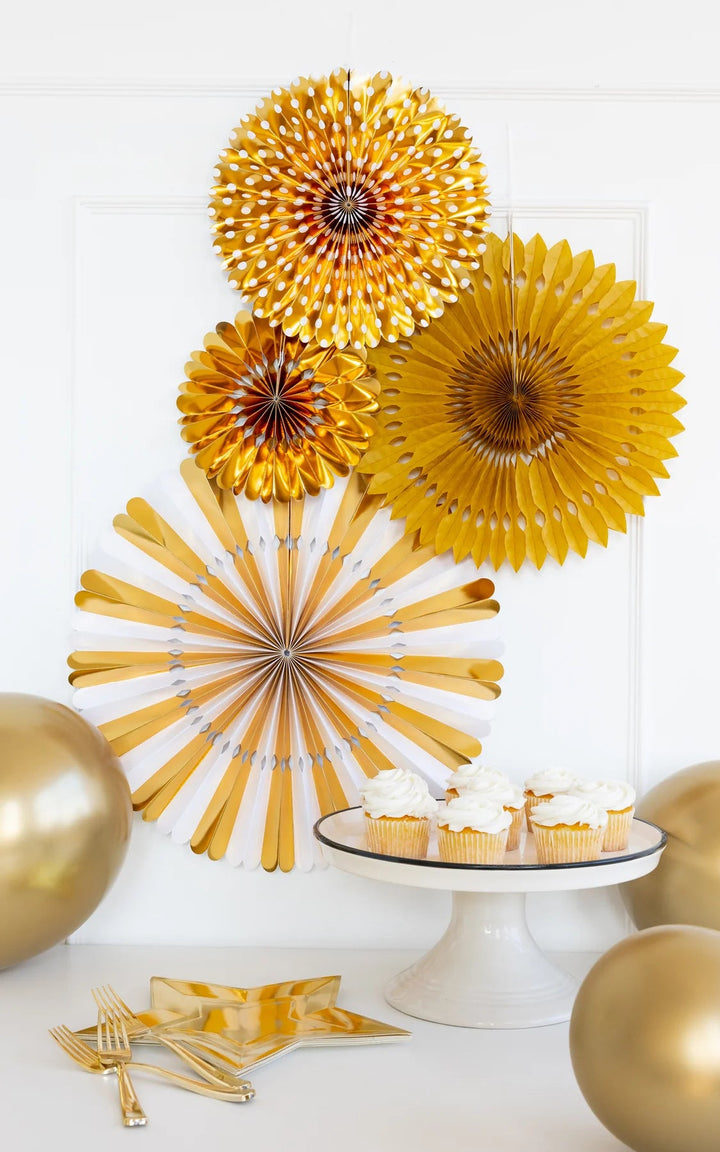 GOLD & WHITE PARTY FAN SET My Mind’s Eye Bonjour Fete - Party Supplies