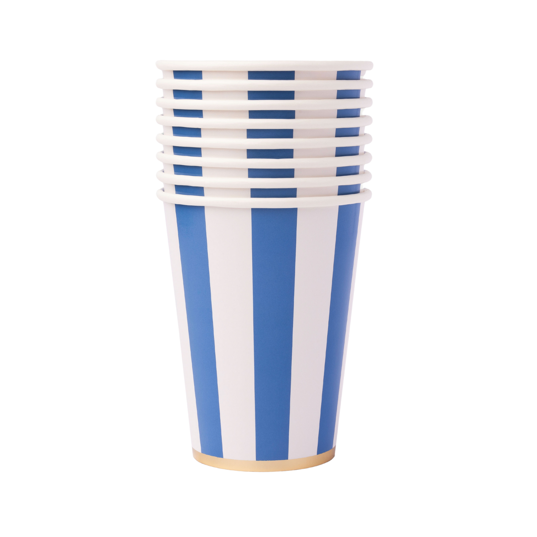 PALISADES BLUE SIGNATURE CABANA STRIPE CUPS Bonjour Fete Cups PALISADES BLUE SIGNATURE CABANA STRIPE CUPS Bonjour Fete - Party Supplies