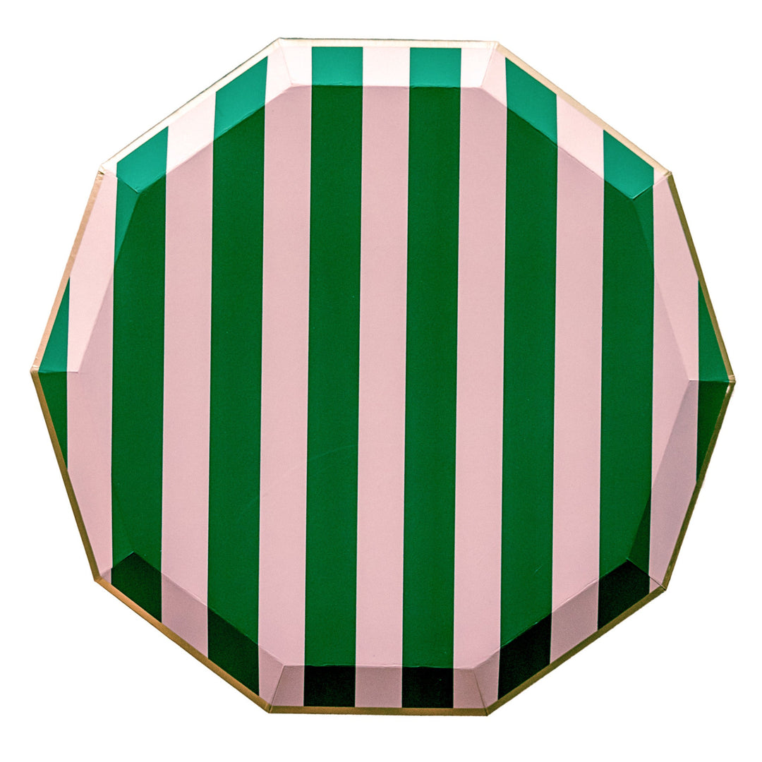 PINK & GREEN SIGNATURE CABANA STRIPE LARGE PLATES Bonjour Fete Plates PINK & GREEN SIGNATURE CABANA STRIPE LARGE PLATES Bonjour Fete - Party Supplies