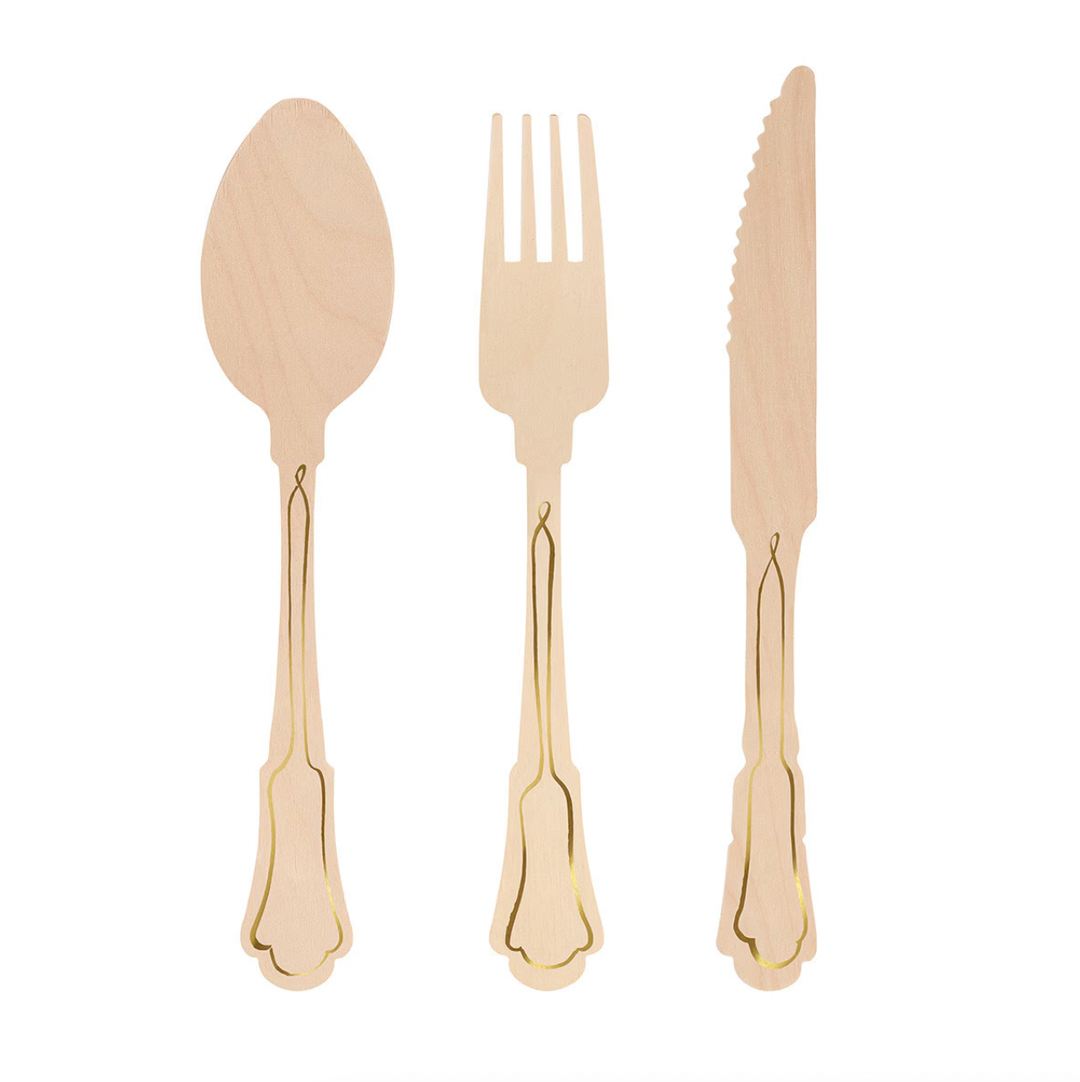 ELEGANT GOLD FOIL DETAIL WOODEN CUTLERY Meri Meri Cutlery ELEGANT GOLD FOIL DETAIL WOODEN CUTLERY Bonjour Fete - Party Supplies