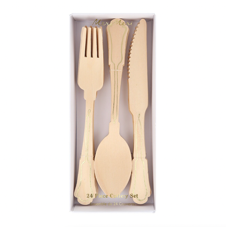 ELEGANT GOLD FOIL DETAIL WOODEN CUTLERY Meri Meri Cutlery ELEGANT GOLD FOIL DETAIL WOODEN CUTLERY Bonjour Fete - Party Supplies