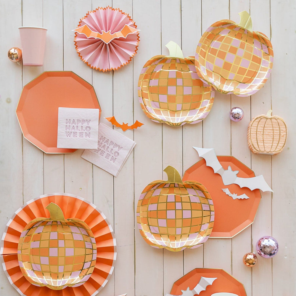 PINK AND ORANGE DISCO PUMPKIN PLATES My Mind’s Eye Halloween Party Supplies Bonjour Fete - Party Supplies