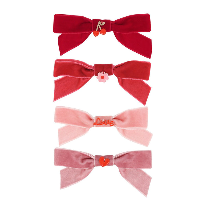 VELVET BOWS WITH CHARMS HAIR CLIPS Meri Meri Valentine's Day Accessories Bonjour Fete - Party Supplies