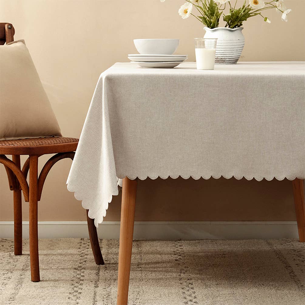 Beige Scalloped Border Wrinkle-Free Tablecloth: 56"x88" Fennco Styles Beige Scalloped Border Wrinkle-Free Tablecloth: 56"x88" Bonjour Fete - Party Supplies