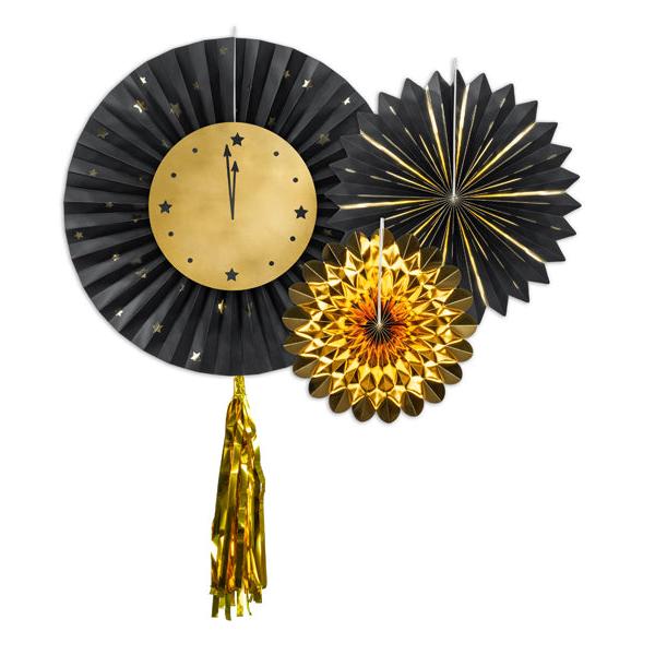 BLACK & GOLD CLOCK PARTY FANS Party Deco New Year's Eve BLACK & GOLD CLOCK PARTY FANS Bonjour Fete - Party Supplies