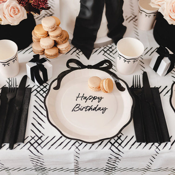 HAPPY BIRTHDAY BLACK BOW PLATES Party Deco Plates HAPPY BIRTHDAY BLACK BOW PLATES Bonjour Fete - Party Supplies