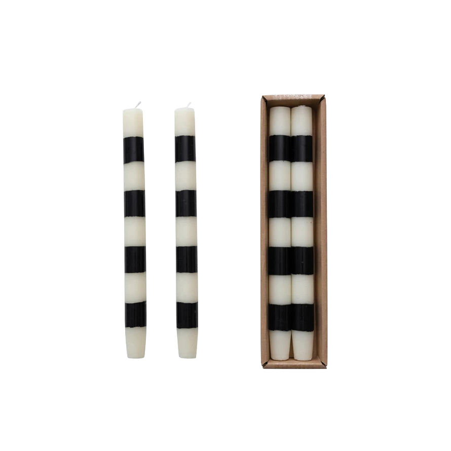 BLACK & WHITE STRIPED TAPER CANDLES Creative Co-op Halloween Home Decor Bonjour Fete - Party Supplies