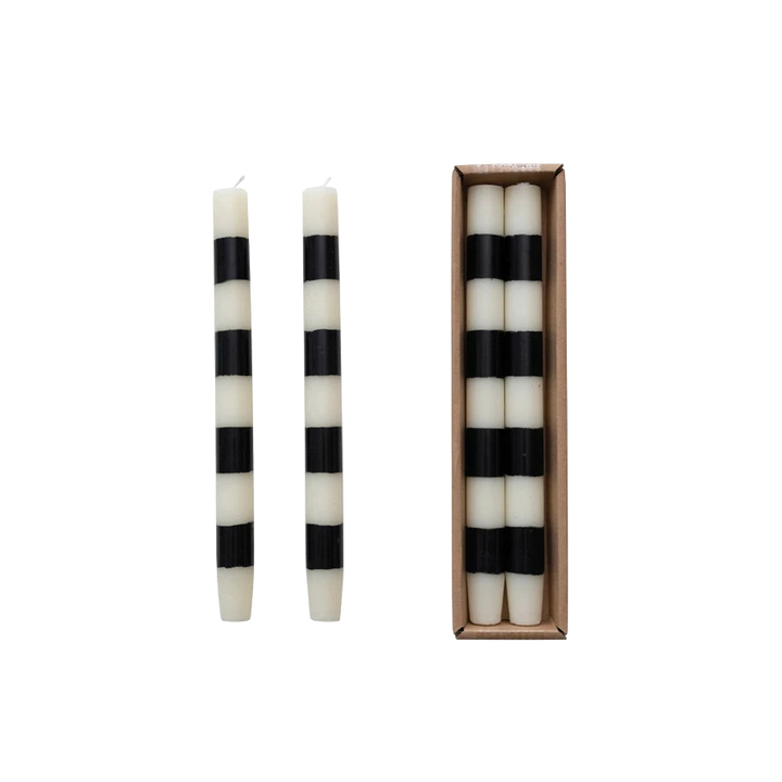 BLACK & WHITE STRIPED TAPER CANDLES Creative Co-op Halloween Home Decor Bonjour Fete - Party Supplies