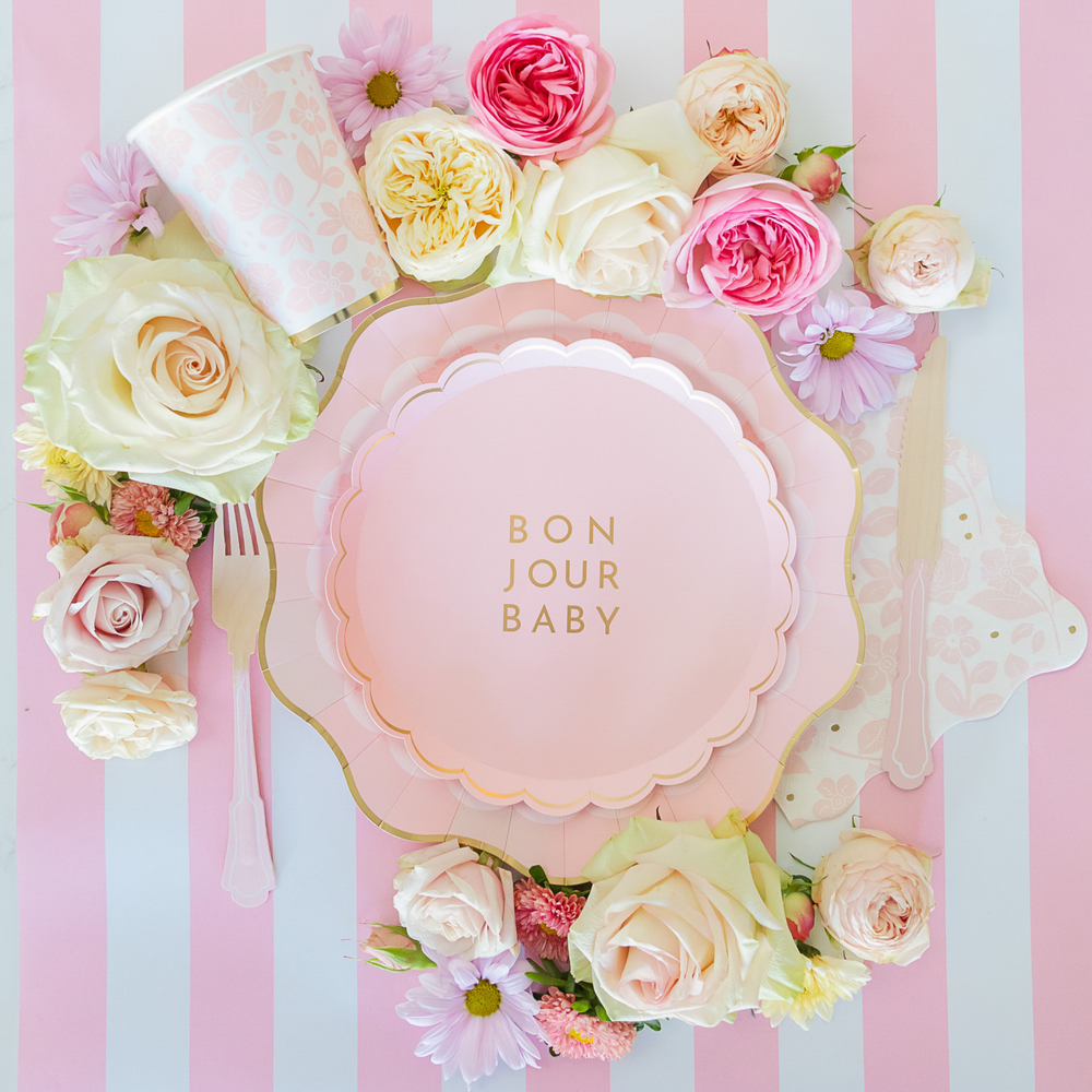 BONJOUR BABY PETAL PINK SMALL PLATES Bonjour Fete Plates BONJOUR BABY PETAL PINK SMALL PLATES Bonjour Fete - Party Supplies