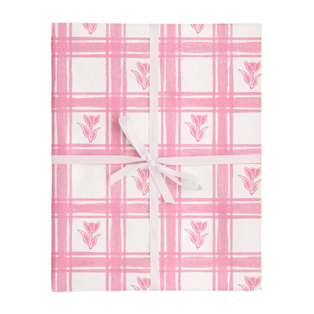 Pink Linen Gingham Tulips Wrapping Paper Roll  Vivie and Ash Pink Linen Gingham Tulips Wrapping Paper Roll  Bonjour Fete - Party Supplies