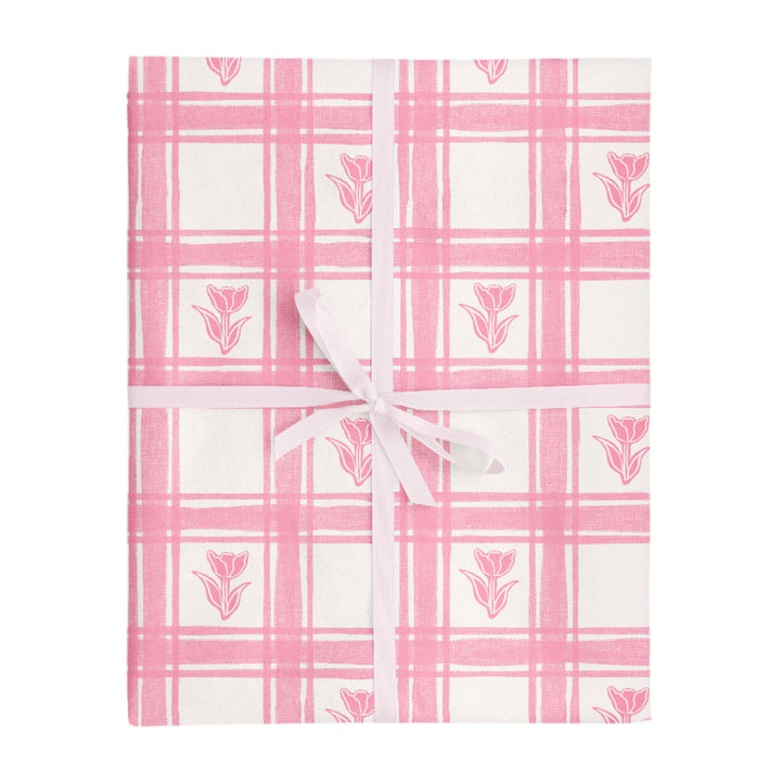 Pink Linen Gingham Tulips Wrapping Paper Roll  Vivie and Ash Pink Linen Gingham Tulips Wrapping Paper Roll  Bonjour Fete - Party Supplies