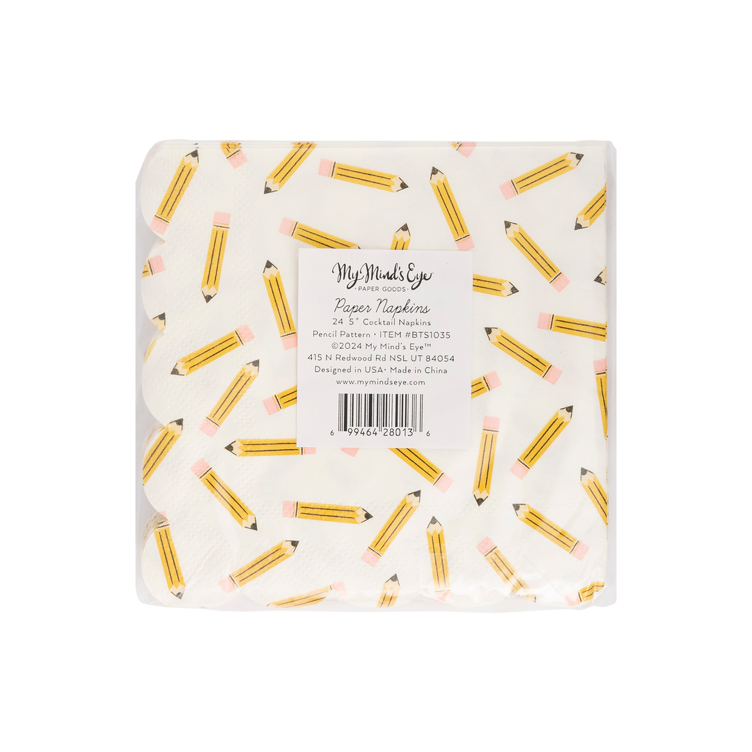 Pencil pattern Scallop Cocktail Napkins Bonjour Fete Party Supplies Back To School