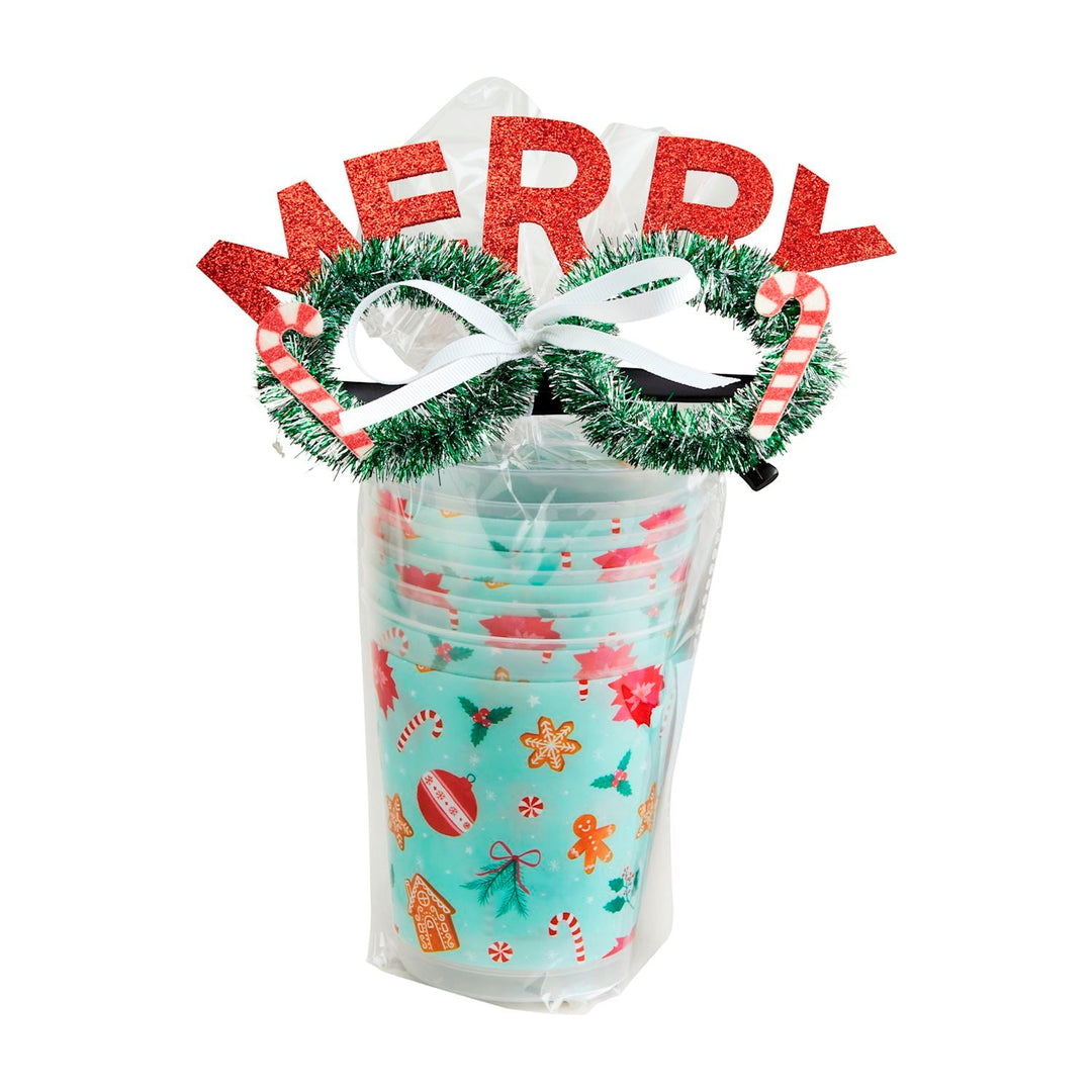 CHRISTMAS PARTY CUP GIFT SET Mud Pie Stocking Stuffers & Holiday Party Favors BLUE Bonjour Fete - Party Supplies