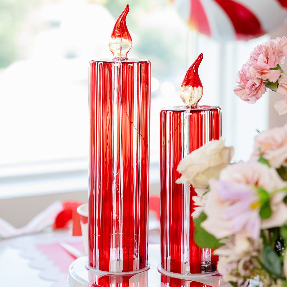 RED STRIPED GLASS CANDLE SET Transpac Christmas Holiday Kitchen & Entertaining RED STRIPED GLASS CANDLE SET Bonjour Fete - Party Supplies