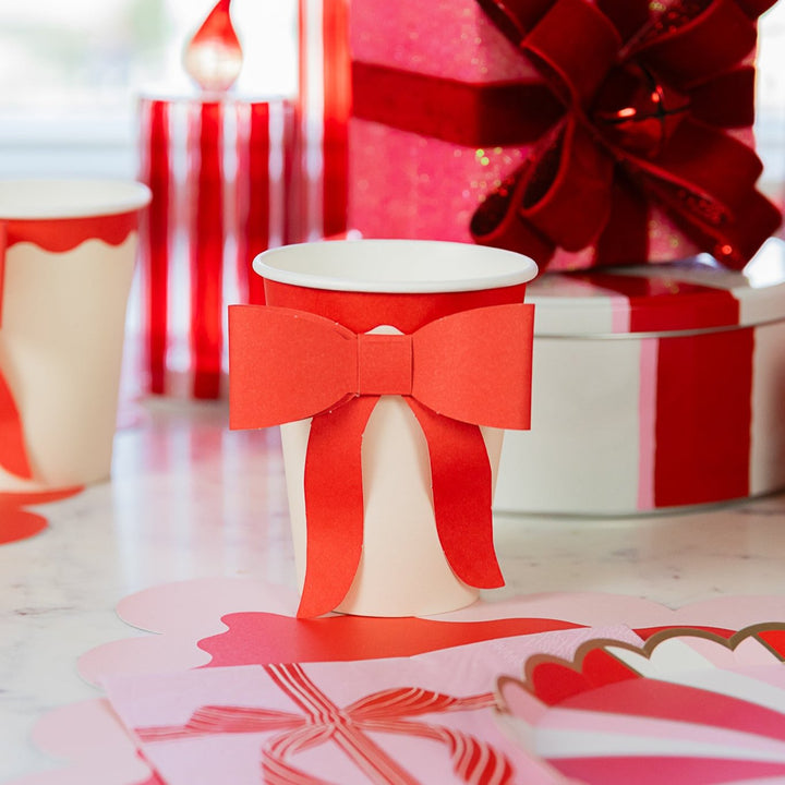 RED & PINK BOW PAPER CUPS My Mind’s Eye Christmas Holiday Party Supplies RED & PINK BOW PAPER CUPS Bonjour Fete - Party Supplies