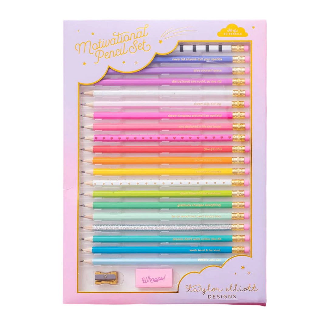 MOTIVATIONAL PENCIL SET Taylor Elliott Designs Arts & Crafts Bonjour Fete - Party Supplies