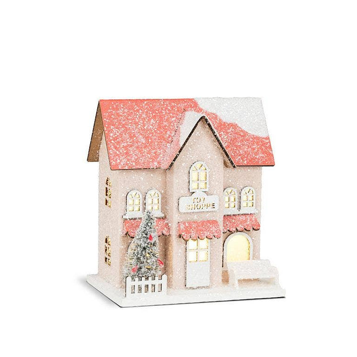 SMALL SNOWY PINK GLITTER HOUSE Abbott Christmas Trees & Houses Bonjour Fete - Party Supplies