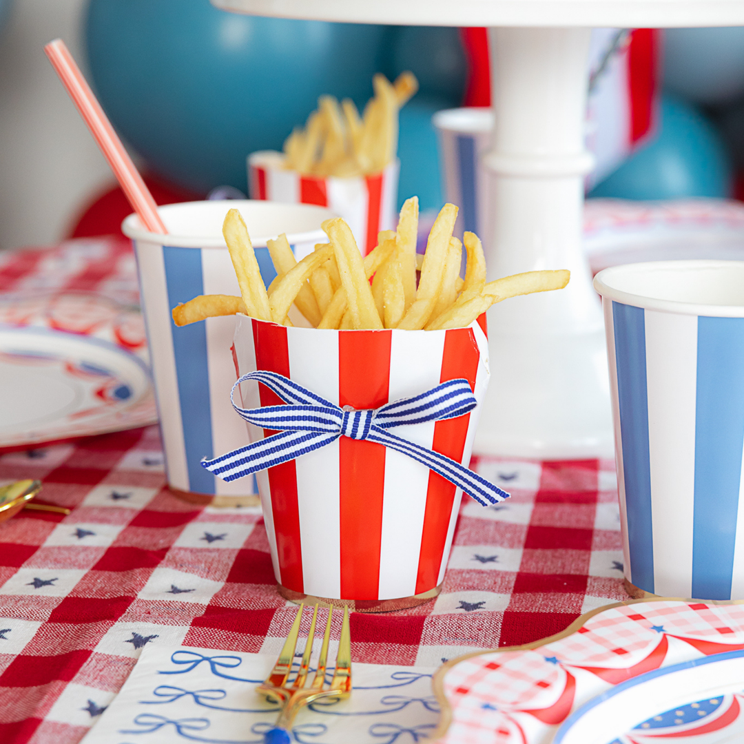 PALISADES BLUE SIGNATURE CABANA STRIPE CUPS Bonjour Fete Cups PALISADES BLUE SIGNATURE CABANA STRIPE CUPS Bonjour Fete - Party Supplies