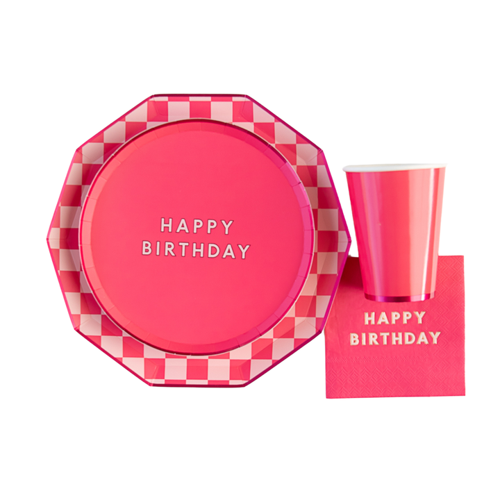 HAUTE PINK SIGNATURE HAPPY BIRTHDAY SMALL PLATES Bonjour Fete Plates HAUTE PINK SIGNATURE HAPPY BIRTHDAY SMALL PLATES Bonjour Fete - Party Supplies