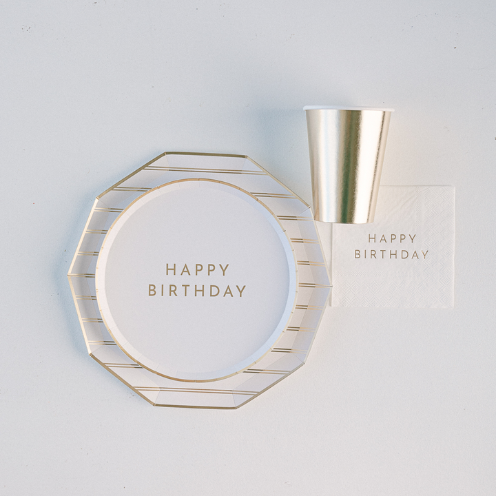 WHITE & GOLD SIGNATURE HAPPY BIRTHDAY SMALL PLATES Bonjour Fete Plates WHITE & GOLD SIGNATURE HAPPY BIRTHDAY SMALL PLATES Bonjour Fete - Party Supplies