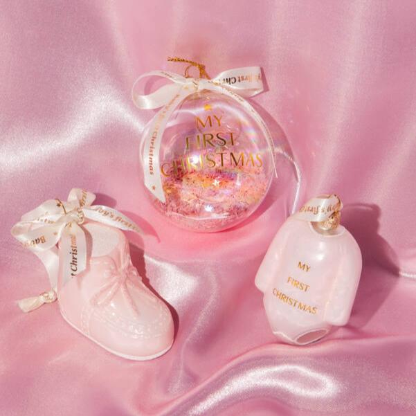 PINK BABY SNOW BOOT GLASS ORNAMENT Vondels Christmas Ornament Bonjour Fete - Party Supplies