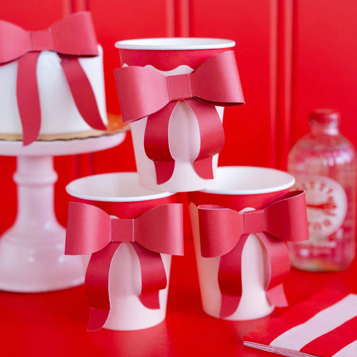 RED & PINK BOW PAPER CUPS My Mind’s Eye Christmas Holiday Party Supplies Bonjour Fete - Party Supplies