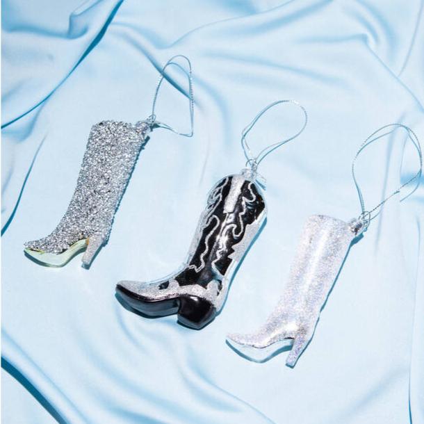 SILVER GLITTER BOOT GLASS ORNAMENT Vondels Christmas Ornament Bonjour Fete - Party Supplies