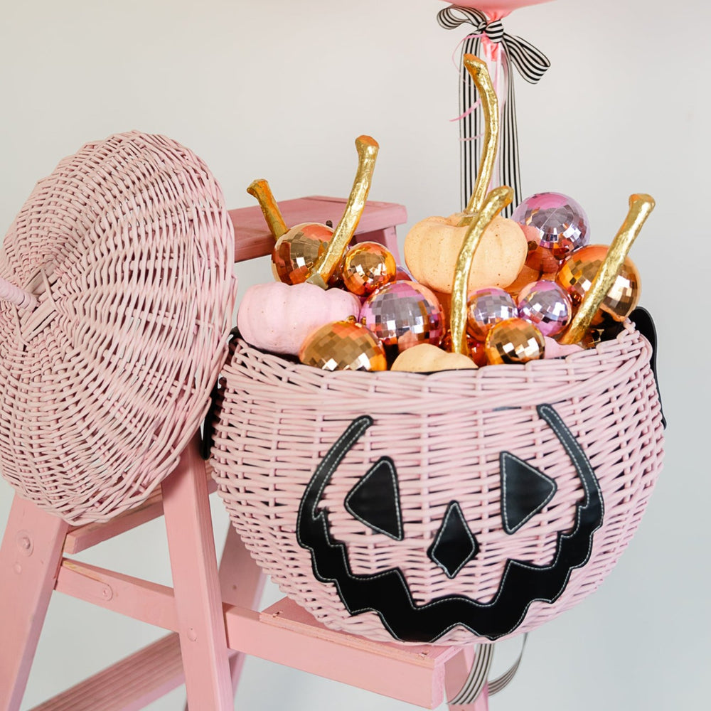 PINK JACK-O-LANTERN PICNIC BASKET Lively Ghosts Halloween Home Decor Bonjour Fete - Party Supplies