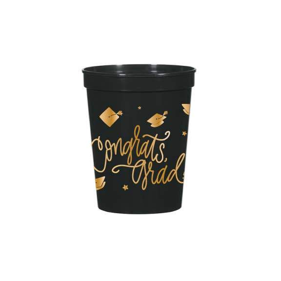 CONGRATS, GRAD! BLACK STADIUM CUPS Natalie Chang Cups SMALL - 16 OZ Bonjour Fete - Party Supplies