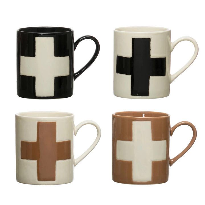 HANDMADE STONEWARE MUG WITH SWISS CROSS Creative Co-op Mug Bonjour Fete - Party Supplies