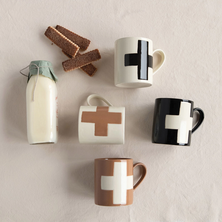 HANDMADE STONEWARE MUG WITH SWISS CROSS Creative Co-op Mug Bonjour Fete - Party Supplies