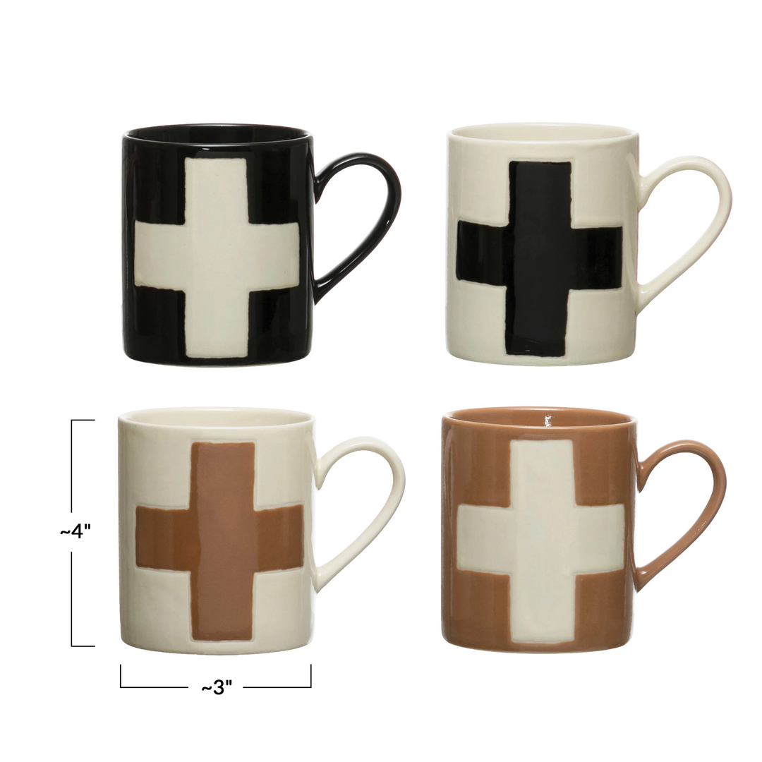 HANDMADE STONEWARE MUG WITH SWISS CROSS Creative Co-op Mug Bonjour Fete - Party Supplies