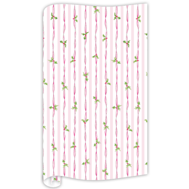 HANDPAINTED PINK RIBBON & HOLLY WRAPPING PAPER Rosanne Beck Collections christmas gift wrap Bonjour Fete - Party Supplies