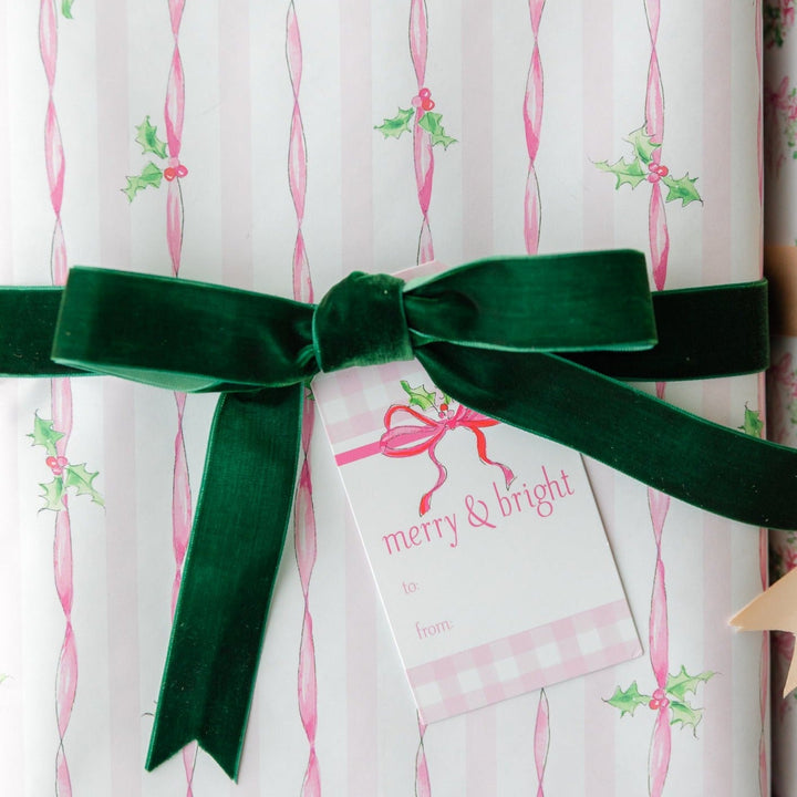 HANDPAINTED PINK RIBBON & HOLLY WRAPPING PAPER Rosanne Beck Collections christmas gift wrap Bonjour Fete - Party Supplies