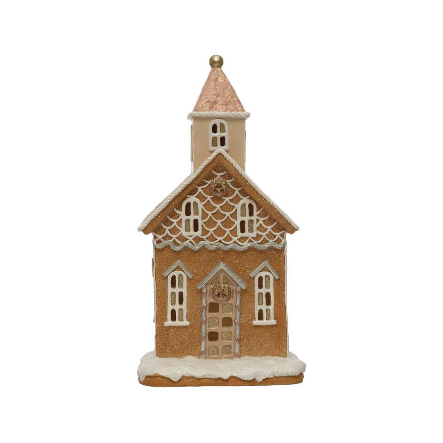 RESIN GINGERBREAD HOUSE WITH LED LIGHT BY CREATIVECO-OP Creative Co-op Bonjour Fete - Party Supplies