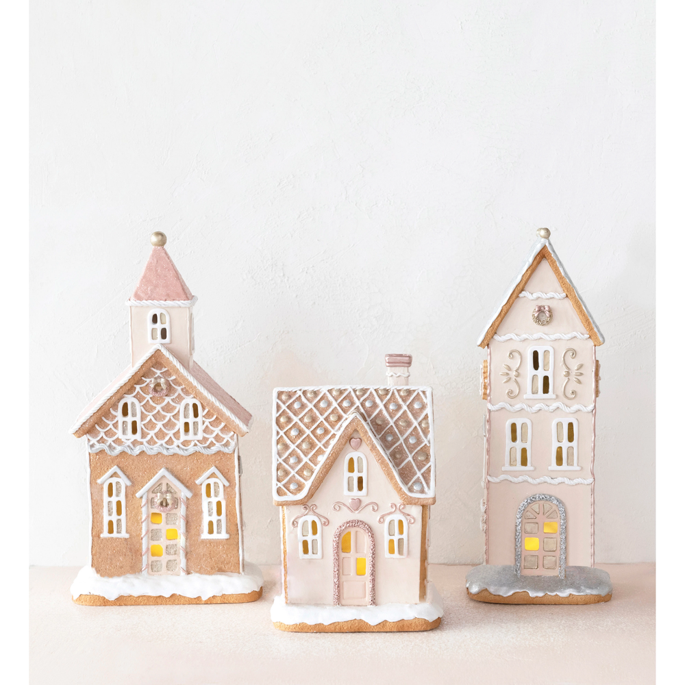 RESIN GINGERBREAD HOUSE WITH LED LIGHT BY CREATIVECO-OP Creative Co-op Bonjour Fete - Party Supplies